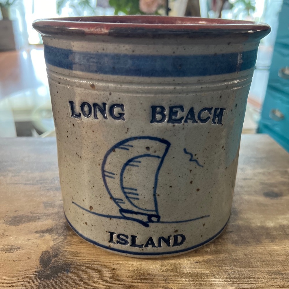 Hand Thrown Pottery Crock Jar for Utensils Decorated with Long Beach Island